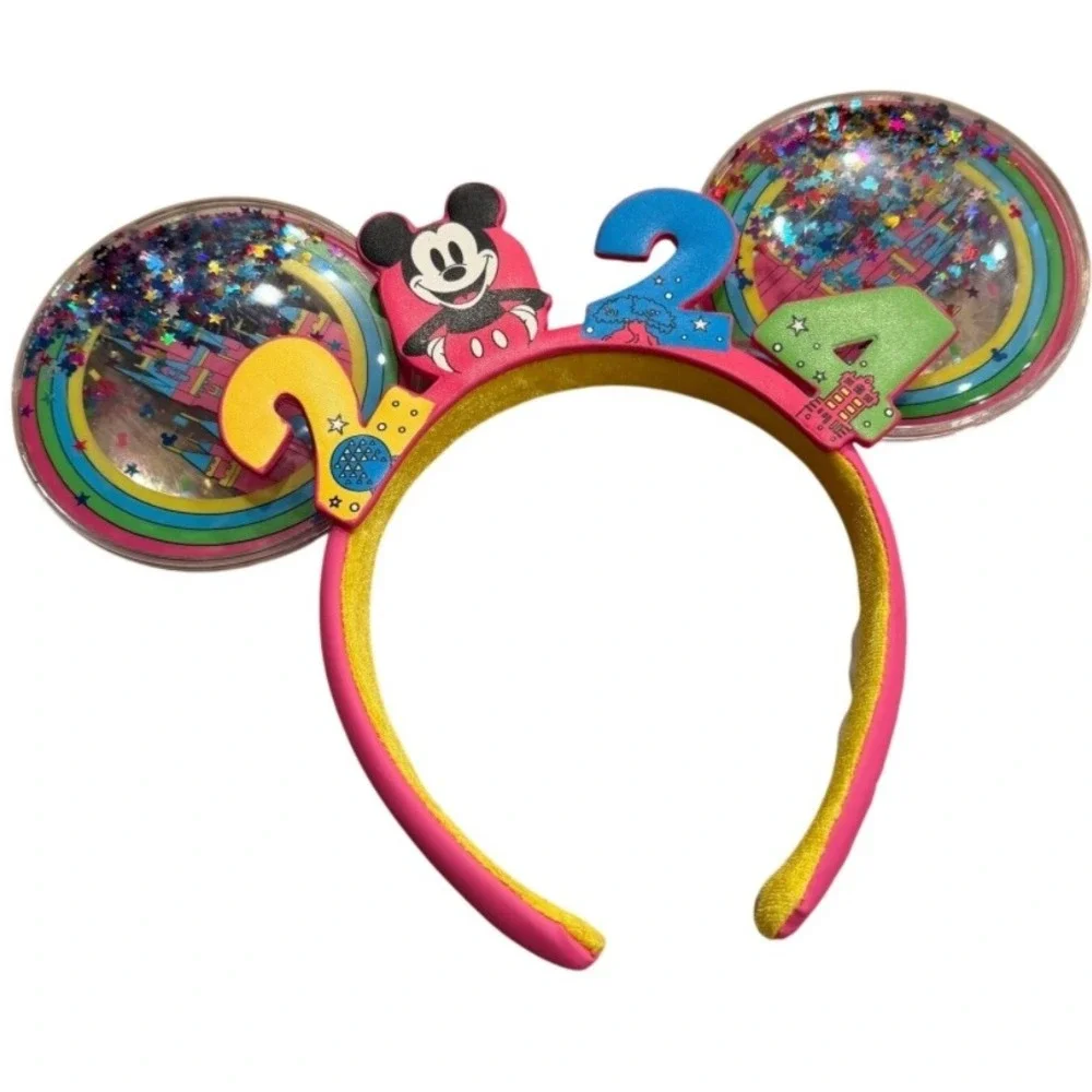 Disney Kids 2024 Mickey Mouse Ear Headband OS Pink Confetti Rainbow Park Trip